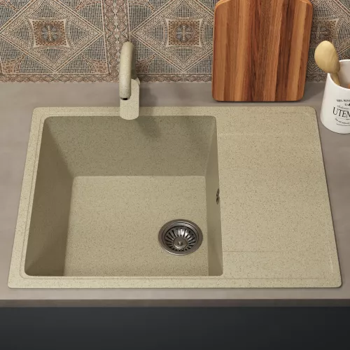 Кухонная мойка из искусственного камня Uperwood ECON UPD-202-002, прямоугольная, бежевая матовая, Выбрать цвет: Слоновая кость, изображение 3