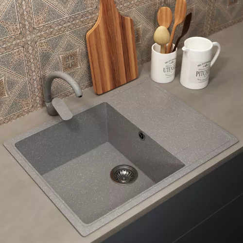 Кухонная мойка из искусственного камня Uperwood ECON UPD-202-003, прямоугольная, серая матовая, Выбрать цвет: Светло-серый, изображение 2