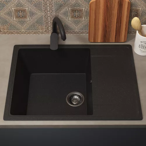 Кухонная мойка из искусственного камня Uperwood ECON UPD-202-004, прямоугольная, черная матовая, Выбрать цвет: Черный оникс, изображение 3