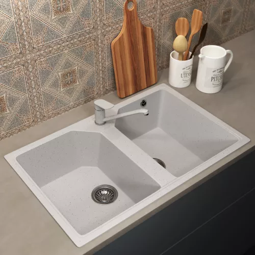 Кухонная мойка из искусственного камня Uperwood ECON UPD-402-001, прямоугольная, 2 чаши, белая матовая, Выбрать цвет: Белый камень, изображение 2