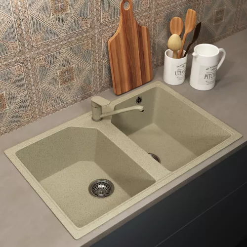 Кухонная мойка из искусственного камня Uperwood ECON UPD-402-002, прямоугольная, 2 чаши, бежевая матовая, Выбрать цвет: Слоновая кость, изображение 2
