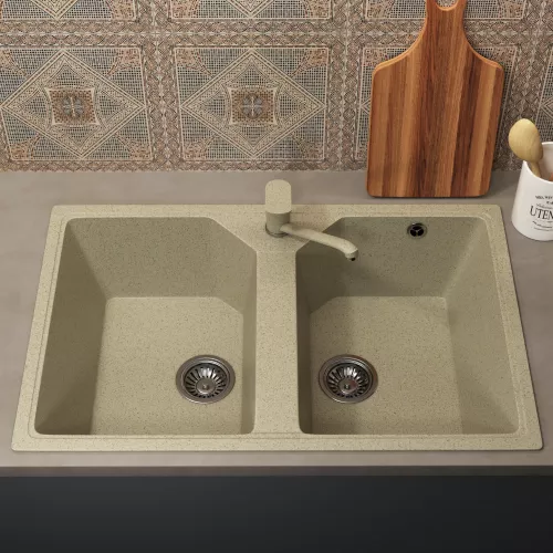 Кухонная мойка из искусственного камня Uperwood ECON UPD-402-002, прямоугольная, 2 чаши, бежевая матовая, Выбрать цвет: Слоновая кость, изображение 3