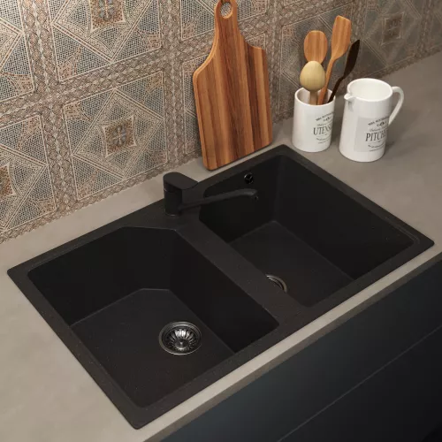 Кухонная мойка из искусственного камня Uperwood ECON UPD-402-004, прямоугольная, 2 чаши, черная матовая, Выбрать цвет: Черный оникс, изображение 2
