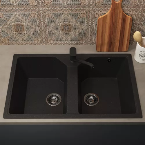 Кухонная мойка из искусственного камня Uperwood ECON UPD-402-004, прямоугольная, 2 чаши, черная матовая, Выбрать цвет: Черный оникс, изображение 3
