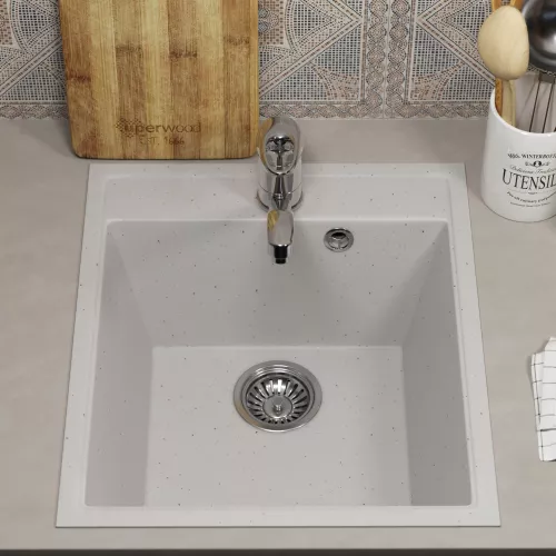 Кухонная мойка из искусственного камня Uperwood ECON UPD-404-001, прямоугольная, белая матовая, Выбрать цвет: Белый камень, изображение 4