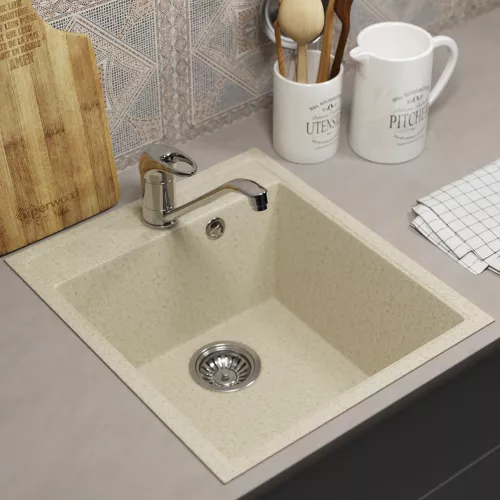 Кухонная мойка из искусственного камня Uperwood ECON UPD-404-002, прямоугольная, бежевая матовая, Выбрать цвет: Слоновая кость, изображение 3