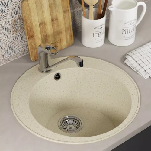 Кухонная мойка из искусственного камня Uperwood ECON UPD-405-002, круглая, бежевая матовая, Выбрать цвет: Слоновая кость, изображение 3