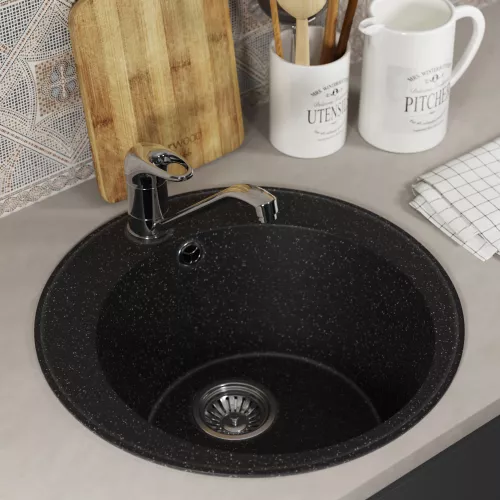 Кухонная мойка из искусственного камня Uperwood ECON UPD-405-004, круглая, черная матовая, Выбрать цвет: Черный оникс, изображение 3