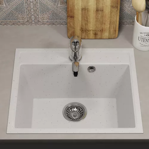 Кухонная мойка из искусственного камня Uperwood ECON UPD-408-001, прямоугольная, белая матовая, Выбрать цвет: Белый камень, изображение 3