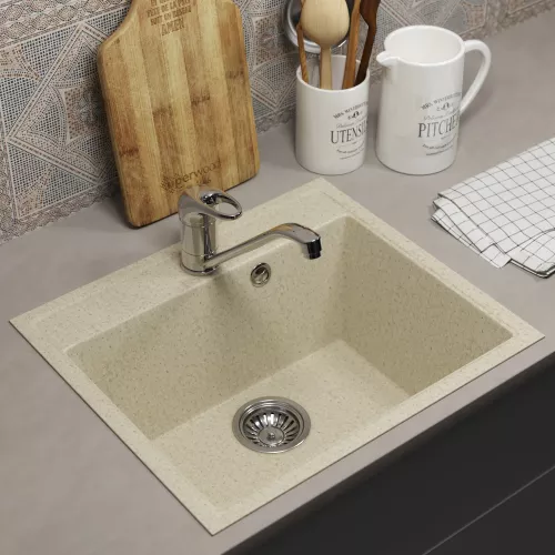 Кухонная мойка из искусственного камня Uperwood ECON UPD-408-002, прямоугольная, бежевая матовая, Выбрать цвет: Слоновая кость, изображение 2