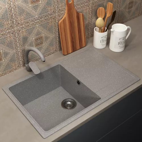 Кухонная мойка из искусственного камня Uperwood ECON UPD-507-003, прямоугольная, серая матовая, Выбрать цвет: Светло-серый, изображение 2