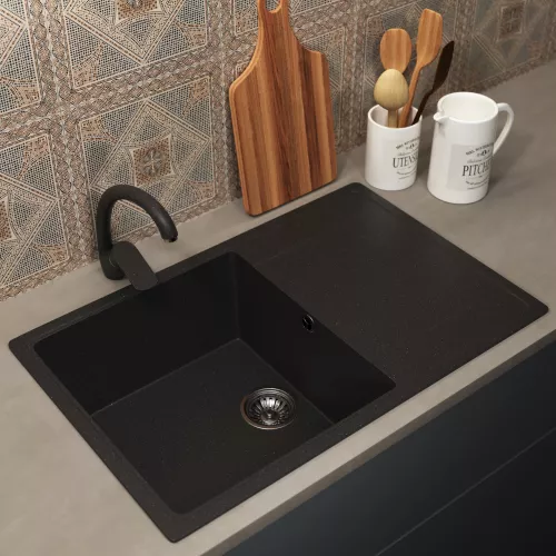 Кухонная мойка из искусственного камня Uperwood ECON UPD-507-004, прямоугольная, черная матовая, Выбрать цвет: Черный оникс, изображение 2