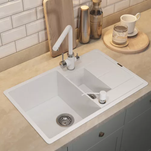 Кухонная мойка кварцевая Uperwood Quartz Premium UPD-05-01, прямоугольная двухсекционная, белая, Выбрать цвет: Белый, изображение 4