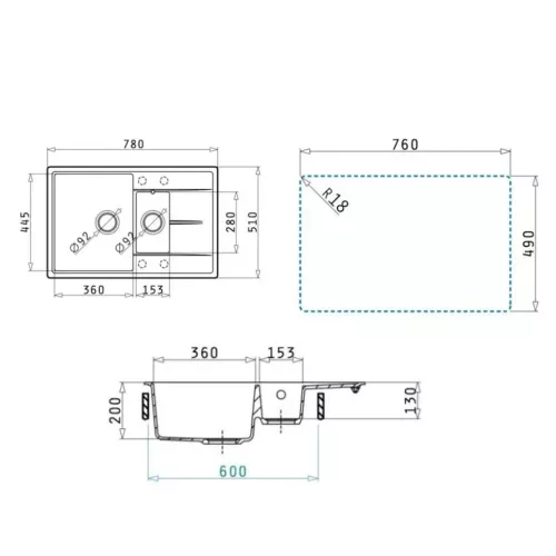 Кухонная мойка кварцевая Uperwood Quartz PremiumUPD-05-02, прямоугольная двухсекционная, бежевая, Выбрать цвет: Бежевый, изображение 8