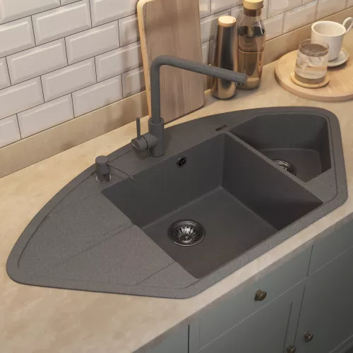 Кухонная мойка кварцевая Uperwood Quartz Premium UPD-06-03, угловая двухсекционная, серая, Выбрать цвет: серый, изображение 4