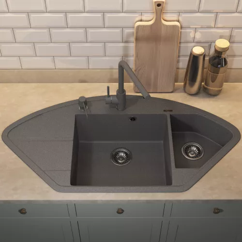 Кухонная мойка кварцевая Uperwood Quartz Premium UPD-06-03, угловая двухсекционная, серая, Выбрать цвет: серый, изображение 5