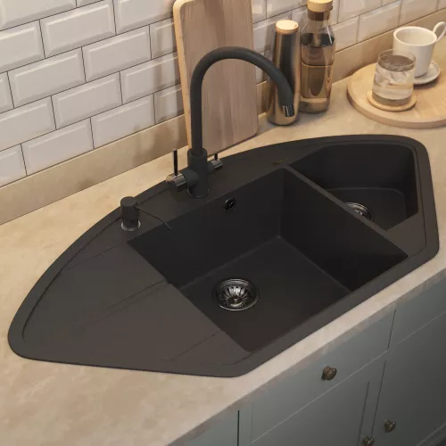 Кухонная мойка кварцевая Uperwood Quartz Premium UPD-06-04, угловая двухсекционная, черная, Выбрать цвет: Черный, изображение 4