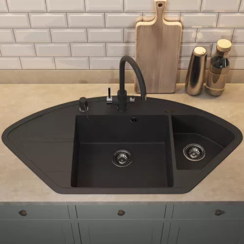 Кухонная мойка кварцевая Uperwood Quartz Premium UPD-06-04, угловая двухсекционная, черная, Выбрать цвет: Черный, изображение 5