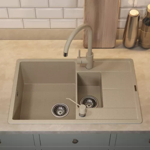 Кухонная мойка кварцевая Uperwood Quartz PremiumUPD-05-02, прямоугольная двухсекционная, бежевая, Выбрать цвет: Бежевый, изображение 5