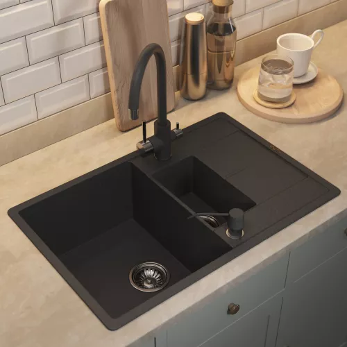 Кухонная мойка кварцевая Uperwood Quartz Premium UPD-05-04, прямоугольная двухсекционная, черная, Выбрать цвет: Черный, изображение 4