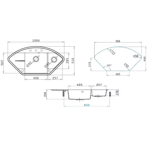 Кухонная мойка кварцевая Uperwood Quartz Premium UPD-06-03, угловая двухсекционная, серая, Выбрать цвет: серый, изображение 8