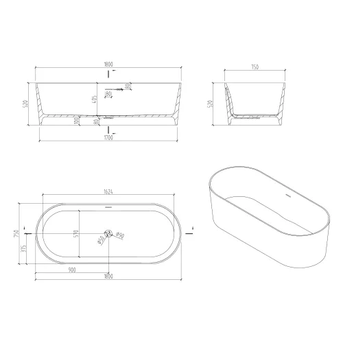 Ванна из искусственного камня ABBER Stein AS9614 белая матовая 180*75, изображение 15