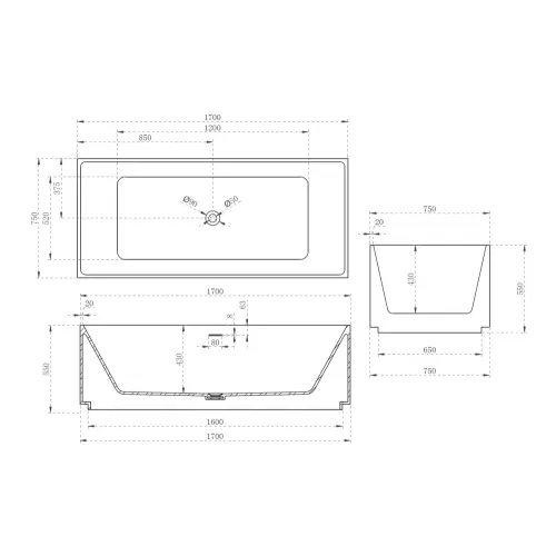 Ванна из искусственного камня ABBER Stein AS9602 белая матовая 170*75, изображение 11