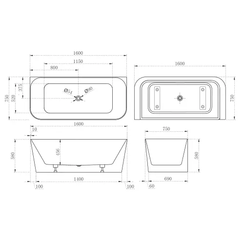 Акриловая ванна ABBER AB9223-1.6 160х75, изображение 10