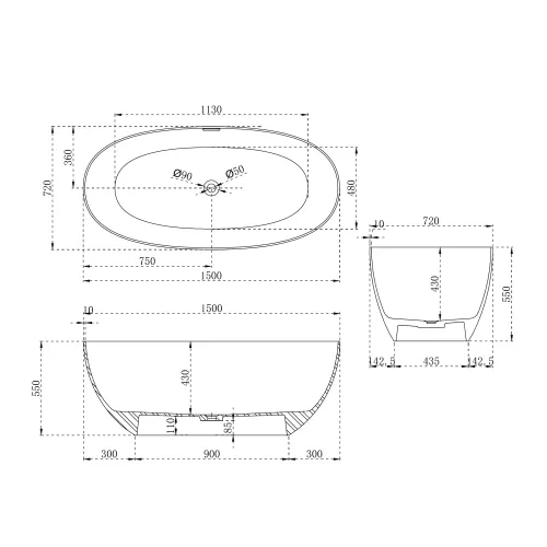 Ванна из искусственного камня ABBER Stein AS9624 белая матовая, Выбрать размер: 150x72, изображение 13