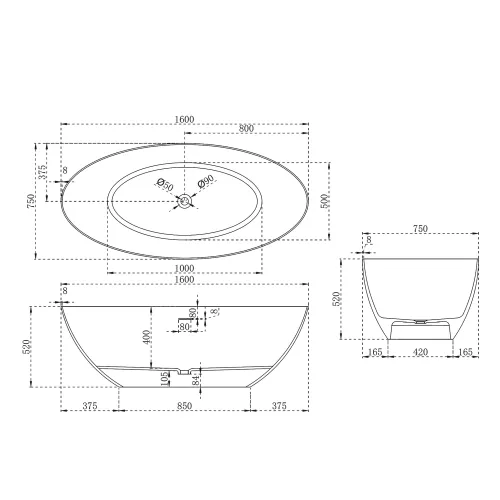 Ванна из искусственного камня ABBER Stein AS9625  белая матовая, Выбрать размер: 160x75, изображение 16