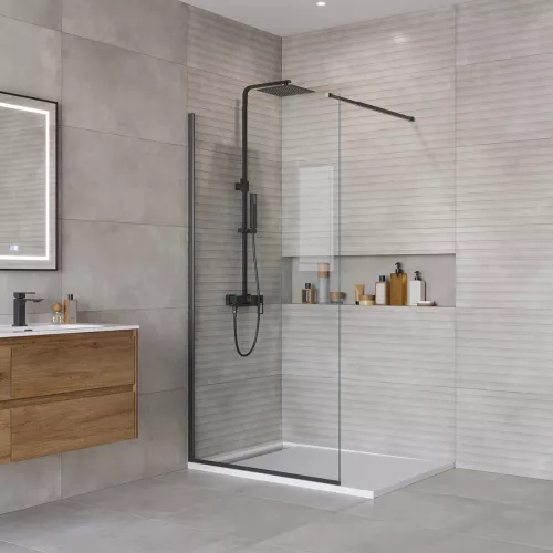 Душевая перегородка BelBagno KRAFT-L-1/C-NERO, Цвет стекла: прозрачное, Цвет профиля: Черный, Выбрать размер: 100