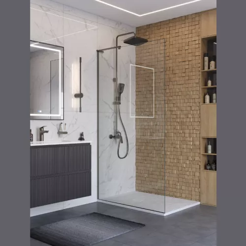 Душевая перегородка BelBagno UNO-L-1-TB/-C-GM прозр/оруж.сталь, Цвет стекла: прозрачное, Цвет профиля: Серый, Цвет профиля (вариация): Оружейная сталь, Выбрать размер: 100
