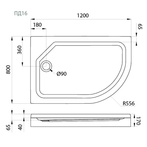 Поддон душевой Triton ПД16/ПД17  120х80 асимметричный  L/R низкий, Тип поддона: Низкий, Выбрать размер: 120х80, Ориентация: левый, изображение 2