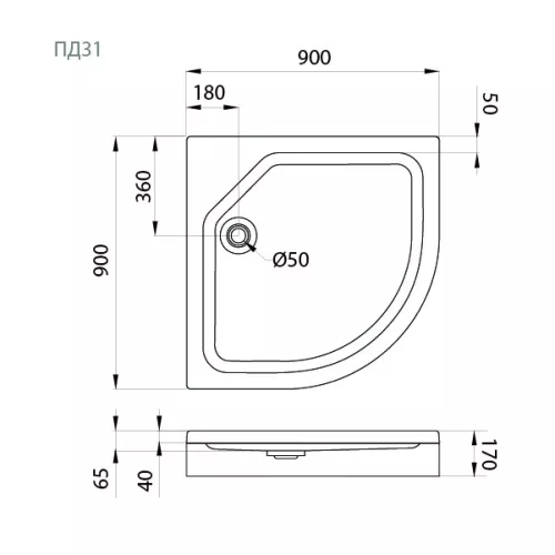 Поддон для душа Triton ПД31 90x90 четверть круга, низкий, изображение 6