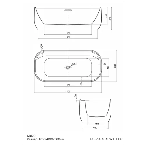 Акриловая ванна Black&White SB120, изображение 6