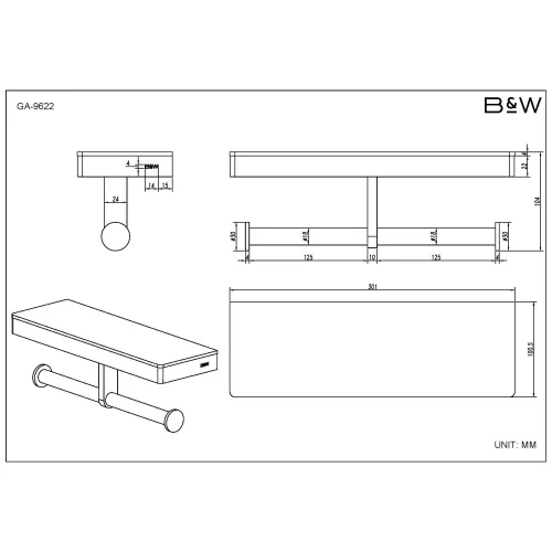 Полка и двойной держатель для туалетной бумаги Black & White GA-9622C, Выбрать цвет: Хром, изображение 3