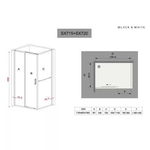 Душевое ограждение Black&White SX715+SX720, Цвет профиля: Хром, Выбрать размер: 100х80, изображение 10