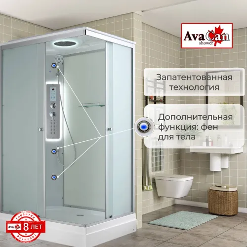 Душевая кабина AvaCan CK2911LED, Цвет стекла: прозрачное, Цвет профиля: Хром, Тип поддона: Низкий, Выбрать размер: 110х90, Внешний вид: Гидромассаж + электрика, Наличие крыши: есть, изображение 5