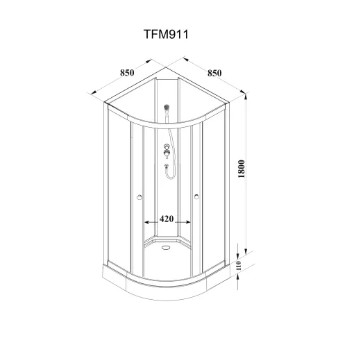 Кабина душевая TMF911  без крыши PARLY, Цвет стекла: матовое, Высота поддона: Низкий, Цвет профиля: Белый, Выбрать размер: 85х85, изображение 4