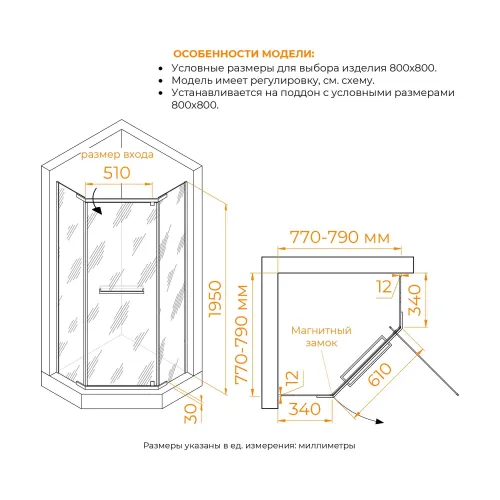 Душевой уголок RGW PA-82, Цвет стекла: прозрачное, Цвет профиля (вариация): Хром, Выбрать размер: 800*800, изображение 31