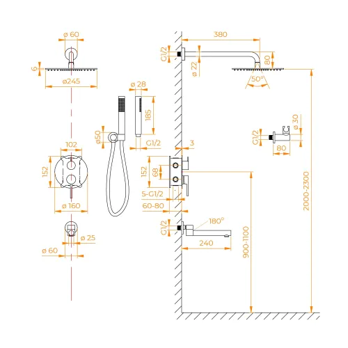 Душевая система встраиваемая RGW SP-55B, Выбрать цвет: Черный, изображение 12