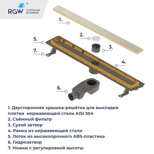 Душевой лоток RGW Drain Leo-31Gb золото, Выбрать цвет: Золото, Выбрать размер: 60, изображение 10