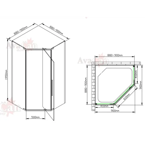 Душевой уголок AvaCan PB 90/100 MT, Цвет стекла: матовое с рисунком, Цвет профиля: Черный, Выбрать размер: 90х90, изображение 61