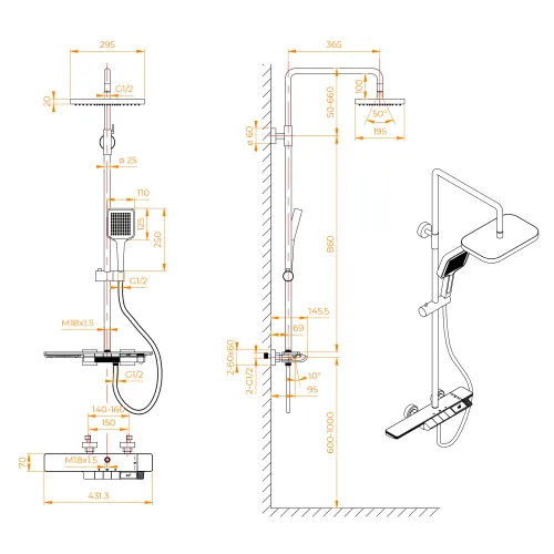 Душевая стойка RGW SP-34B с термостатом, Выбрать цвет: Черный, изображение 20