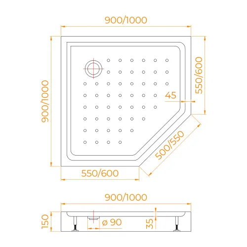 Душевой поддон трапеция RGW LUX/TN-TR (Литой экран), Тип поддона : Низкий, Выбрать размер: 900х900, изображение 12