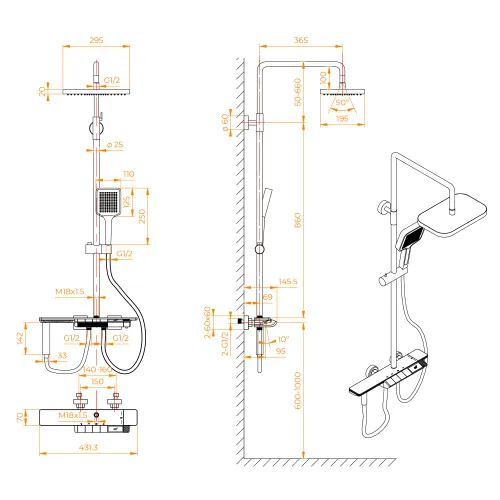 Душевая стойка RGW SP-35B с термостатом, Выбрать цвет: Черный, изображение 42