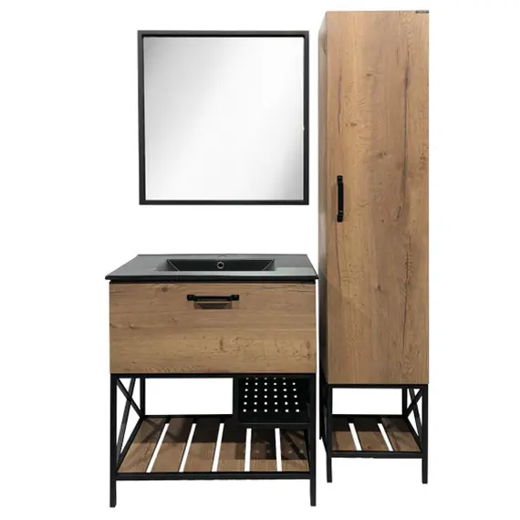 Тумба-умывальник Comforty  Бредфорд дуб темный с черной раковиной 75/90