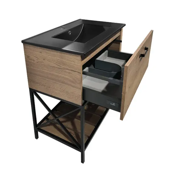 Тумба-умывальник Comforty  Бредфорд дуб темный с черной раковиной 75/90