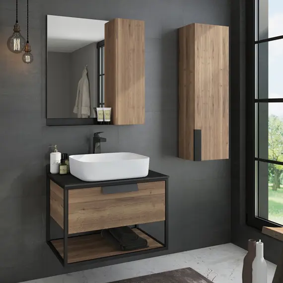 COMFORTY. Тумба-умывальник "Кёльн-75/90" дуб темный с черной столешницей, с раковиной