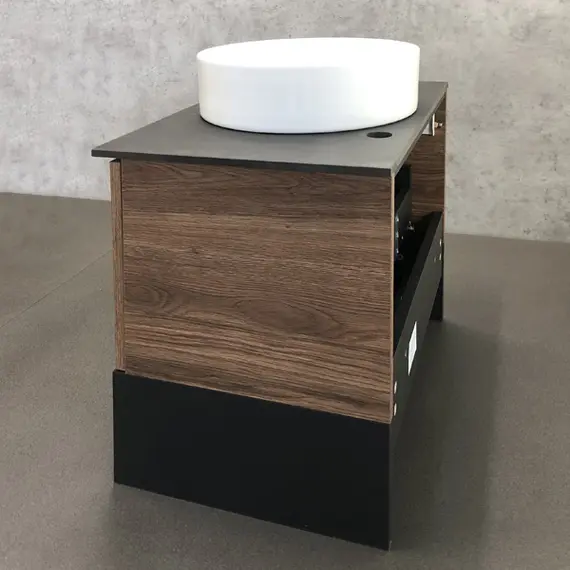 COMFORTY. Тумба-умывальник "Штутгарт-" дуб тёмно-коричневый с черной столешницей  c раковиной